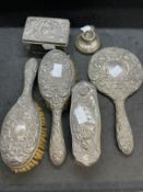 Hallmarked Silver: Dressing table items, two hairbrushes, mirror, clothes brush, hallmarked