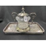 19th/20th cent. Platedware: Oblong gallery tray, cut glass and plated two handle biscuit barrel.