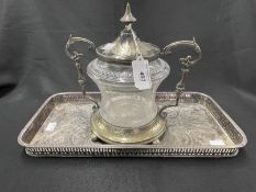 19th/20th cent. Platedware: Oblong gallery tray, cut glass and plated two handle biscuit barrel.