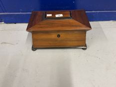 19th cent. Rosewood sarcophagus tea caddy with ebonised fittings and applied mouldings, lidded tea