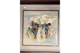 Japanese picture made up of four tiles in a wooden frame. Size of picture 18ins. x 18ins. Size of