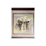 Japanese picture made up of four tiles in a wooden frame. Size of picture 18ins. x 18ins. Size of