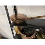 19th cent. Copper bed warming pan with turned treen handle.