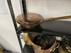 19th cent. Copper bed warming pan with turned treen handle.