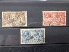 Stamps: GB 1918 printed by Bradbury, Wilkinson & Co. Ltd. SG414 2s6d, SG416 5s, and SG417 10s,