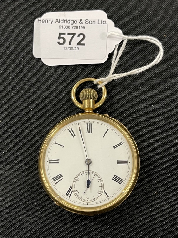 Hallmarked Jewellery: 18ct gold open faced pocket watch, white enamelled dial with black Roman