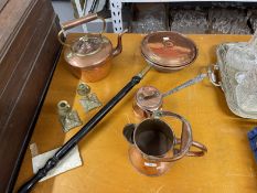 Brass aesthetic movement candlesticks by Townsend & Co Birmingham, a pair, a copper warming pan