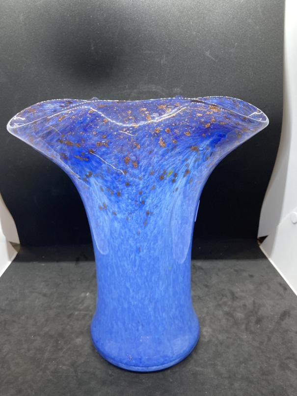 The Mavis and John Wareham Collection: Monart vase, trefoil top, blue with purple and gold