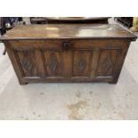 18th cent. Oak coffer, four panels with lozenges to the front, four plain panels to the rear and two