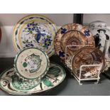 20th cent. Spanish Ceramics: Manises lustre charger 9ins, bird decorated plate 11½ins, green fish