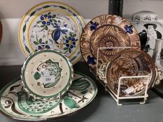 20th cent. Spanish Ceramics: Manises lustre charger 9ins, bird decorated plate 11½ins, green fish