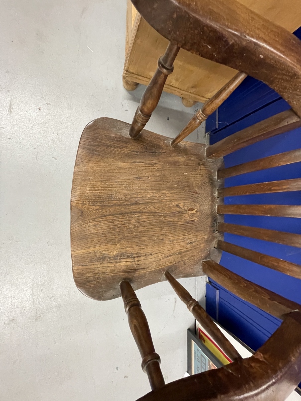 19th cent. Harlequin set of four beech, elm and oak slat back kitchen armchairs. - Image 6 of 10