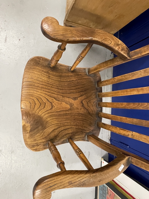 19th cent. Harlequin set of four beech, elm and oak slat back kitchen armchairs. - Image 4 of 10