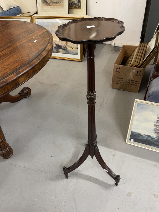 19th cent. Mahogany drop flap two drawer work table on tripod base, mahogany plant stand with fluted - Image 4 of 4