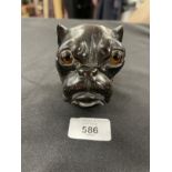 19th cent. Desk Furniture: Lignum Vitae inkwell in the form of a bulldog's head, with glass inset