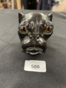 19th cent. Desk Furniture: Lignum Vitae inkwell in the form of a bulldog's head, with glass inset