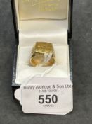 Jewellery: Yellow metal signet ring, rectangular shaped head, engraved with floral decoration, tests