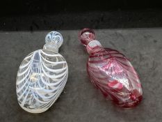 Glass: Venetian banded pocket flask pink, plus one other, white. (2)