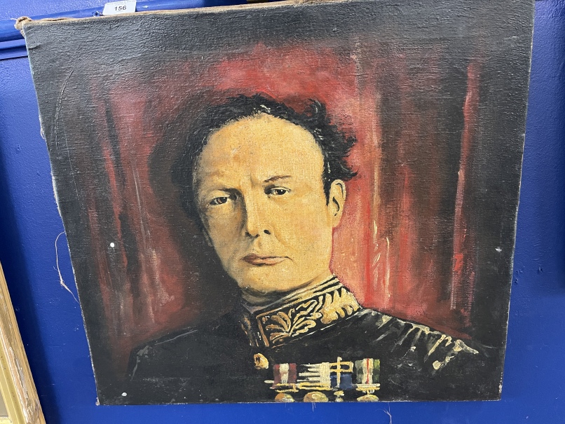 20th cent. English School: Oil on canvas of Sir Winston Churchill taken from an image of him in