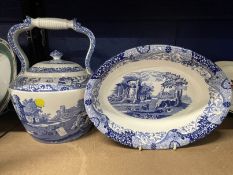 20th cent. Spode Italian blue and white teapot 12ins high, plus Spode Italian blue and white dish.