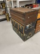 20th cent. Oak and brass bound travelling trunk. Approx. 36ins. x 15ins. x 21ins; Beech framed