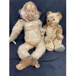 Toys: Continental mohair teddy bear, glass eyes (one loose), black wool nose, straw filled. Wear