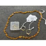 Jewellery: Necklet of amber beads, length 22ins, silver dress ring, weight 2.4g. Yellow metal ring