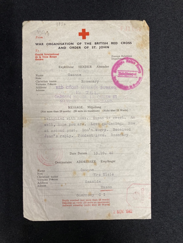 Militaria: Unusual note on Red Cross stationery to a lady in Guernsey with Nazi and Censors stamps.