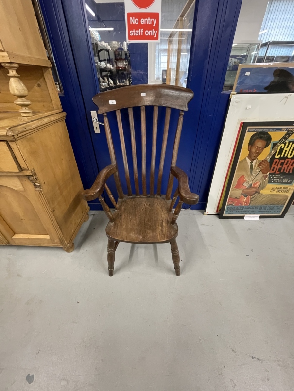 19th cent. Harlequin set of four beech, elm and oak slat back kitchen armchairs. - Image 5 of 10