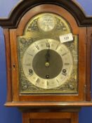 Clocks: 20th cent. Mahogany cased Tempus Fugit short case clock, arched top, German movement. 65ins.