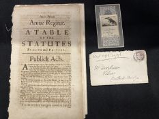 Ephemera: An unusual pair of Table of Statutes Public and Private dating from 1702 and 1704,