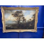 19th cent. Oil on canvas, hunting scene, in a gilt shell and scroll frame, canvas relined by