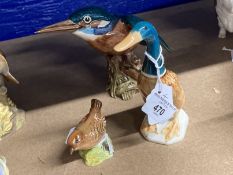 20th cent. Ceramics: Beswick Kingfisher No. 2371 (A/F), Mallard Duck standing 756, Wren 993. (3)