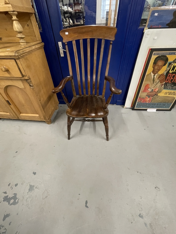 19th cent. Harlequin set of four beech, elm and oak slat back kitchen armchairs. - Image 8 of 10