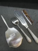 Hallmarked Silver: Dressing table mirror and comb, plus fish servers. Total inclusive weight 20.