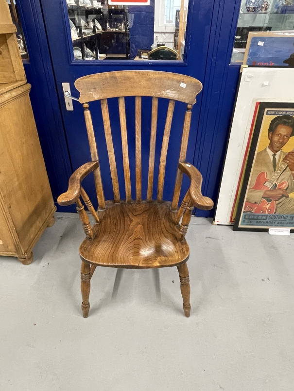 19th cent. Harlequin set of four beech, elm and oak slat back kitchen armchairs. - Image 3 of 10