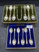 Hallmarked Silver: Set of six Mappin & Webb spoons (1 A/F) and a pair of tongs, London 1901. Plus