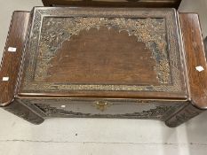 20th cent. Carved camphor wood marriage chest with sliding tray. Approx. 40ins. x 21ins. x 22ins.