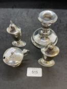 Hallmarked Silver: Condiment consisting of two peppers and a mustard pot, plus a single candle