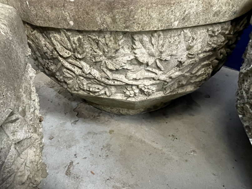 Gardenalia: Mid 20th cent. Pair of large reconstituted planters with vine and leaf decoration.