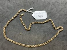 Hallmarked Gold: 9ct gold belcher link chain. Length 21ins. Weight 20g.