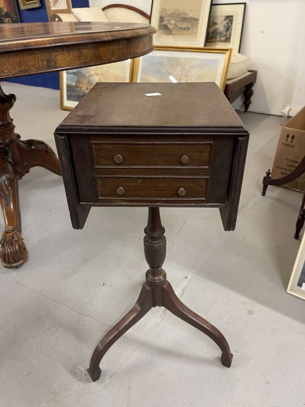 19th cent. Mahogany drop flap two drawer work table on tripod base, mahogany plant stand with fluted - Image 3 of 4