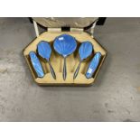 Hallmarked Silver: Five piece silver and blue guilloche enamel dressing table set, Manoah Rhodes &