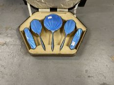 Hallmarked Silver: Five piece silver and blue guilloche enamel dressing table set, Manoah Rhodes &