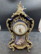 Clocks: Late 19th cent. Sevres style porcelain mantel clock with gilt bronze mounts decorated with a