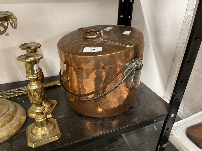 19th cent. Copper cook pot together with a 20th century brass stick stand by Peerage, chestnut