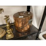 19th cent. Copper cook pot together with a 20th century brass stick stand by Peerage, chestnut