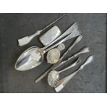 Hallmarked Silver: Items to include a pair of serving spoons, snuff box, curling tongs, button hook,