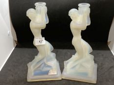 The Mavis and John Wareham Collection: Art Deco opalescent glass nude female candle holders on