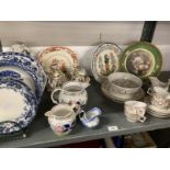 19th cent. English Ceramics: Ridgeways blue and white plates x 4, coloured enamel jugs possibly